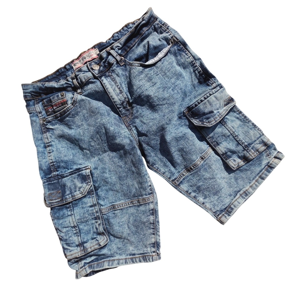 Akademiks Jeanius Level Products Mens Blue Acid Wash Denim Cargo Shorts Y2K